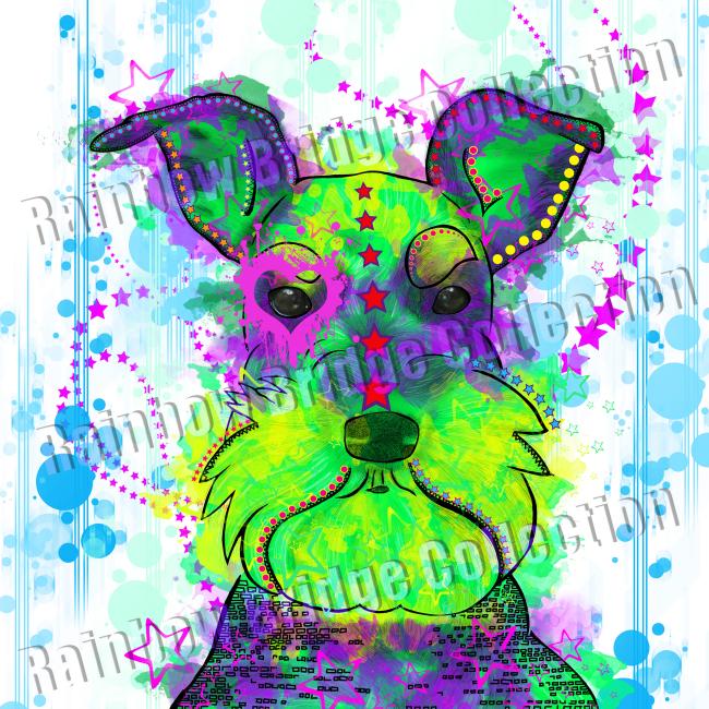 Hundemotiv Fido - Bild auf Leinwand, Kunstdruck, Popart, Bunt, Hundemotiv, Zwergschnauzer, Schnauzer, Mischling, Mix Grün, Orange, 40cm, 60cm, 100cm